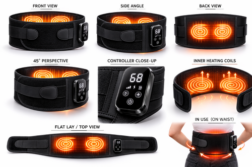 Electric belt with heating elements shown from multiple angles on a white background.